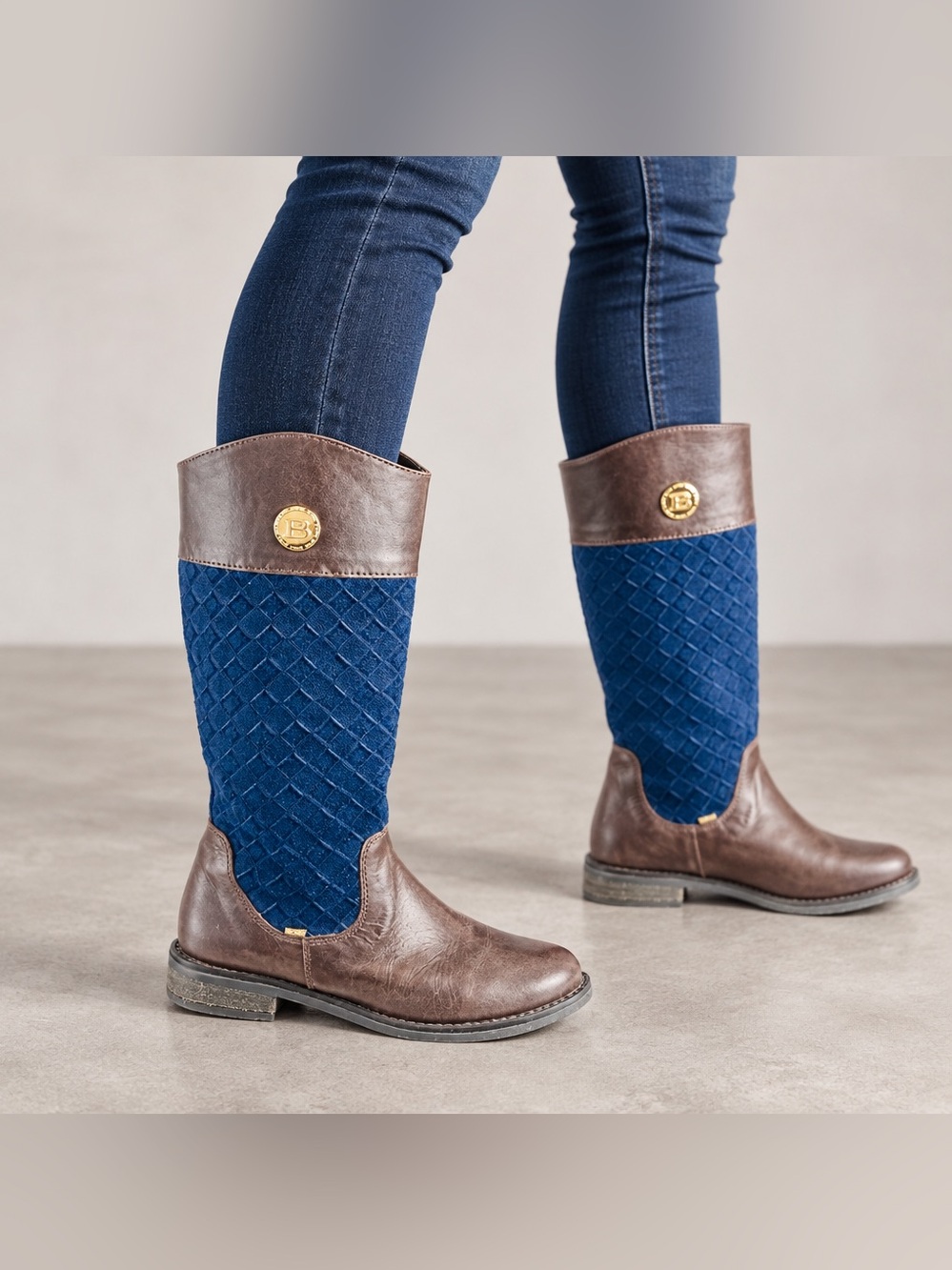 BOSI Riding Boots Quilted Blue Suede and Brown Smooth Leather Womens Size 5 - Picture 6 of 12